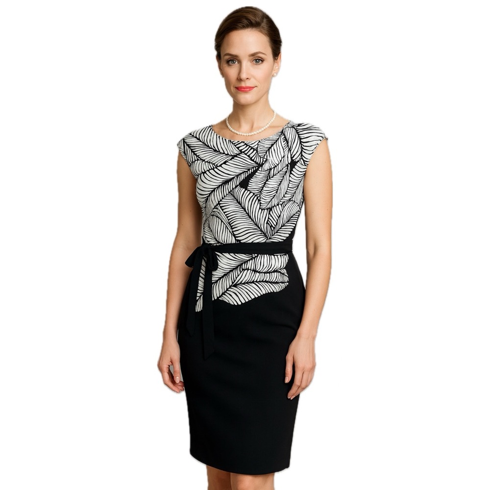 LOFT Palm Leaf Dress Sheath Cap Sleeve Belted Black White 0P Petite Ann Taylor